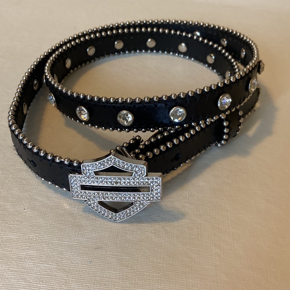 Angel Heart Harley Davidson all leather black rhinestone studded buckle belt.
